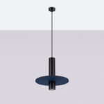 Felora Navy Blue Short Pendant Light, Black Metal Cylinder, Felt Shade, 30cm Diameter