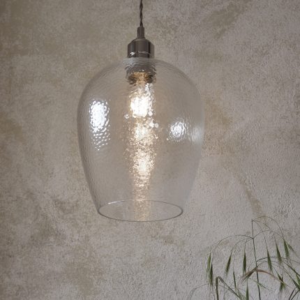 Front view of 21cm pendant lamp with hammered glass shade and nickel hardware at eye level.