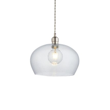 Clear hammered glass pendant lamp with circular shape, 31 centimeters in diameter, hanging at eye level against white background.