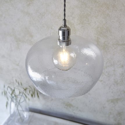Top down view of 31cm clear hammered glass shade, showing circular form and texture from above.