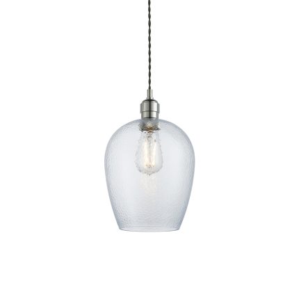 Bell shaped hammered glass shade with textured surface, shown at eye level.