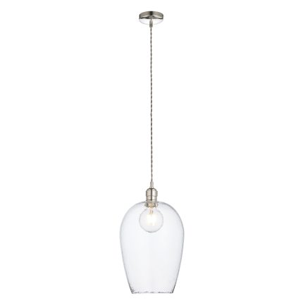 Full length clear hammered glass pendant light with nickel hardware against white background.