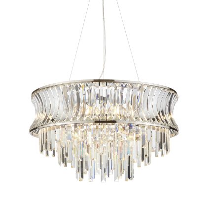 Eye level view of the bottom half of the Ares Chandelier with crystal glass, polished nickel finish, and nine lights on a white background.