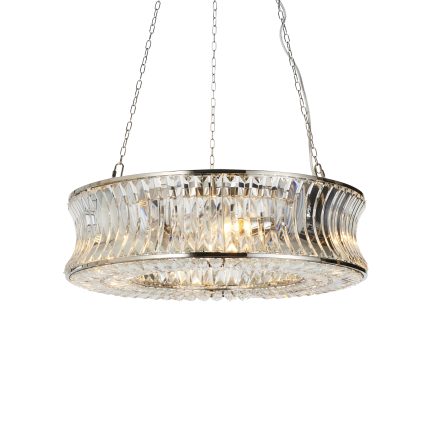 Zoomed in view of the bottom half of the Ares Nickel Chandelier with six lights and crystal clear glass, on a white background.