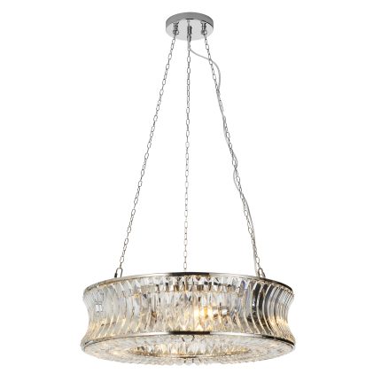 Full view of the Ares Nickel Chandelier with six lights, crystal clear glass, and nickel finish on a white background, light bulbs turned on.