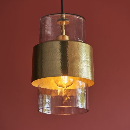 Close up of brass frame and glass shade detail on 19.5cm pendant light.