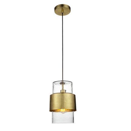 Full length view of 19.5cm brass pendant light with glass panels against white background.