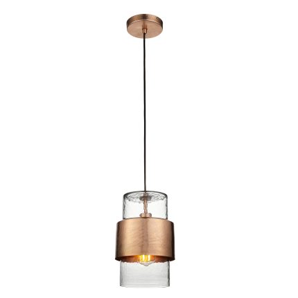 Full length view of Haruto pendant lamp with hammered copper finish and glass shade hanging against white background, showing complete 19.5cm fixture.