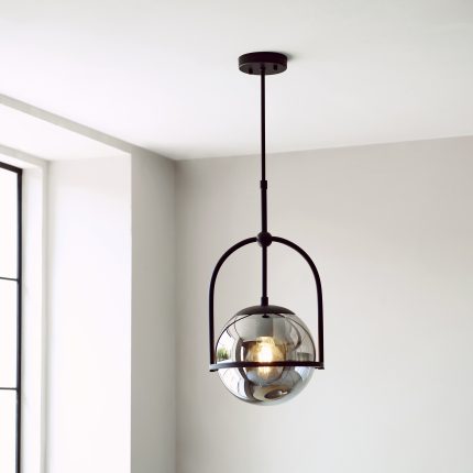Full view of the Luca Pendant Lamp with black finish, grey glass, single light, 27.5cm, hanging in a room setting.