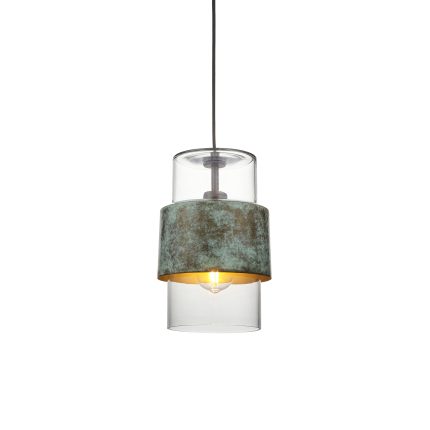 Single Hanuto pendant light with oxidized bronze finish and glass shade photographed against white background.