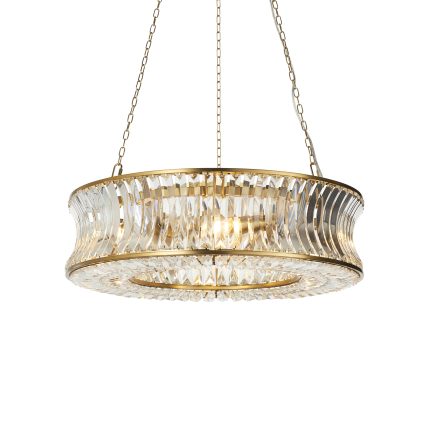 Bottom half view of the Ares Flat Chandelier with 6 lamps in brass and clear crystal, 61cm, on a white background.