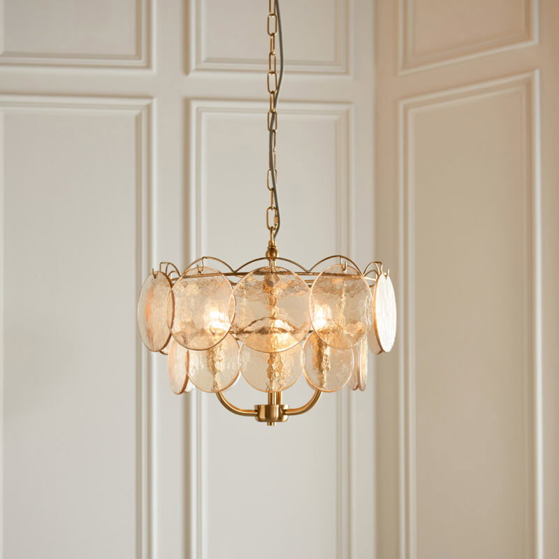 Pendant Multi arm lamp Steel & glass Brushed aged brass plate & handmade champagne glass Image 4