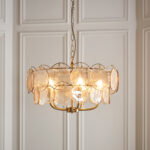 Halon 5 Light Chandelier, Multi Arm, Brushed Brass Metal, Amber Glass, 58cm Diameter