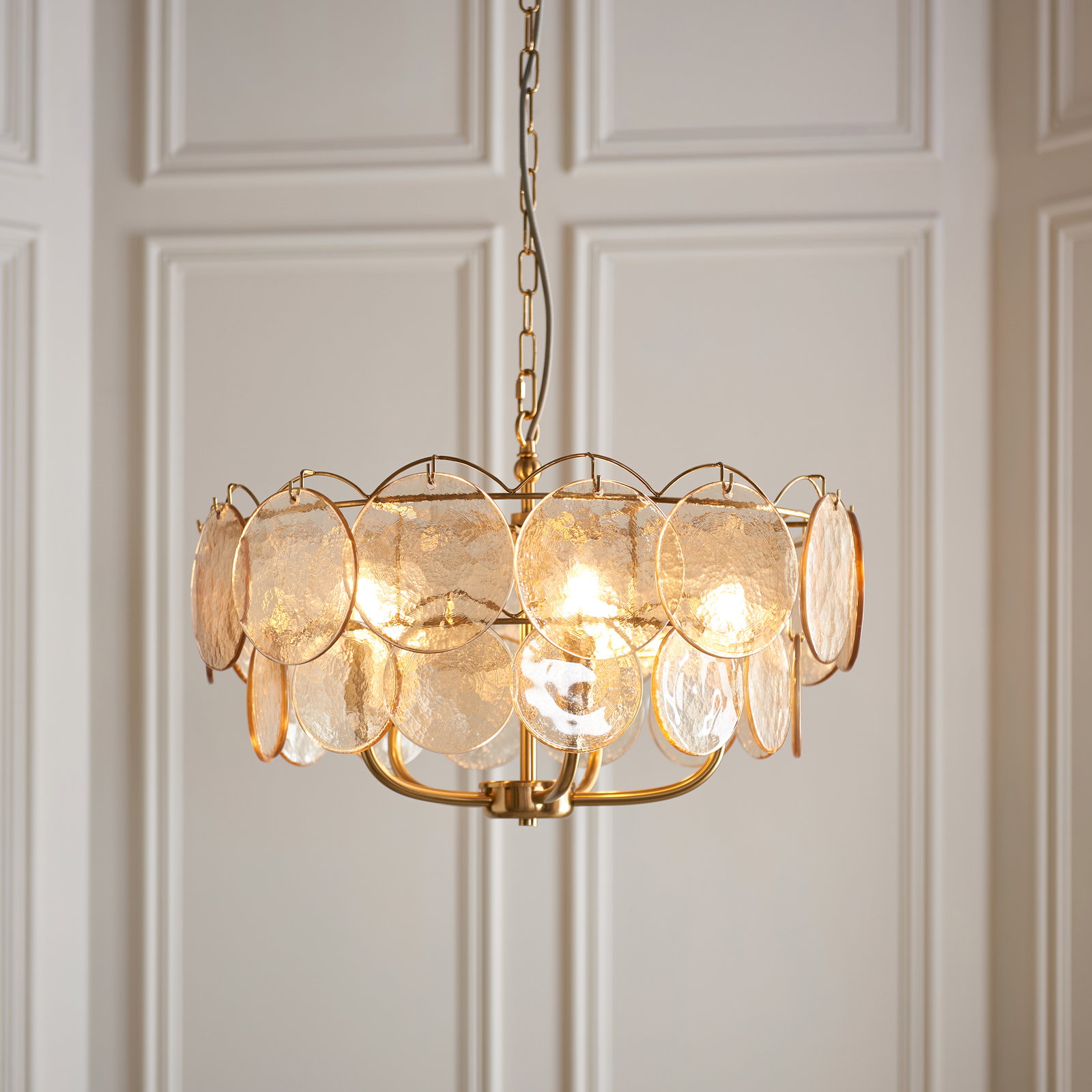 Pendant Multi arm lamp Steel & glass Brushed aged brass plate & handmade champagne glass Image 5 Pendant Multi arm lamp Steel & glass Brushed aged brass plate & handmade champagne glass Image 5