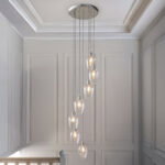 Kylo 7 Lamp Multi Drop Pendant Light, Bright Nickel Metal, Clear Glass, 48cm Diameter