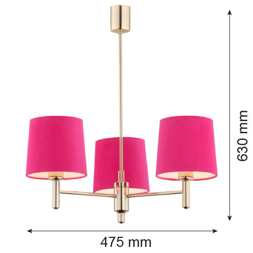 Three-arm dark brass chandelier with pink drum shades shown with 475mm width and height measurements.
