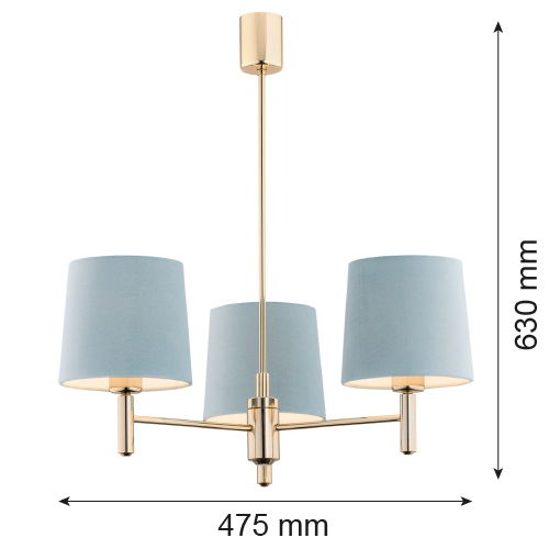 Sky blue shades on a 3 light chandelier shown with dimensions in MM.