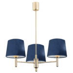 Ponta 3 Lamp Chandelier, Brass, Navy Blue Fabric Shades, 47.5cm
