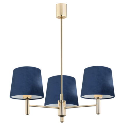 Three-arm brass chandelier with navy blue cone-shaped fabric shades in a triangular arrangement.
