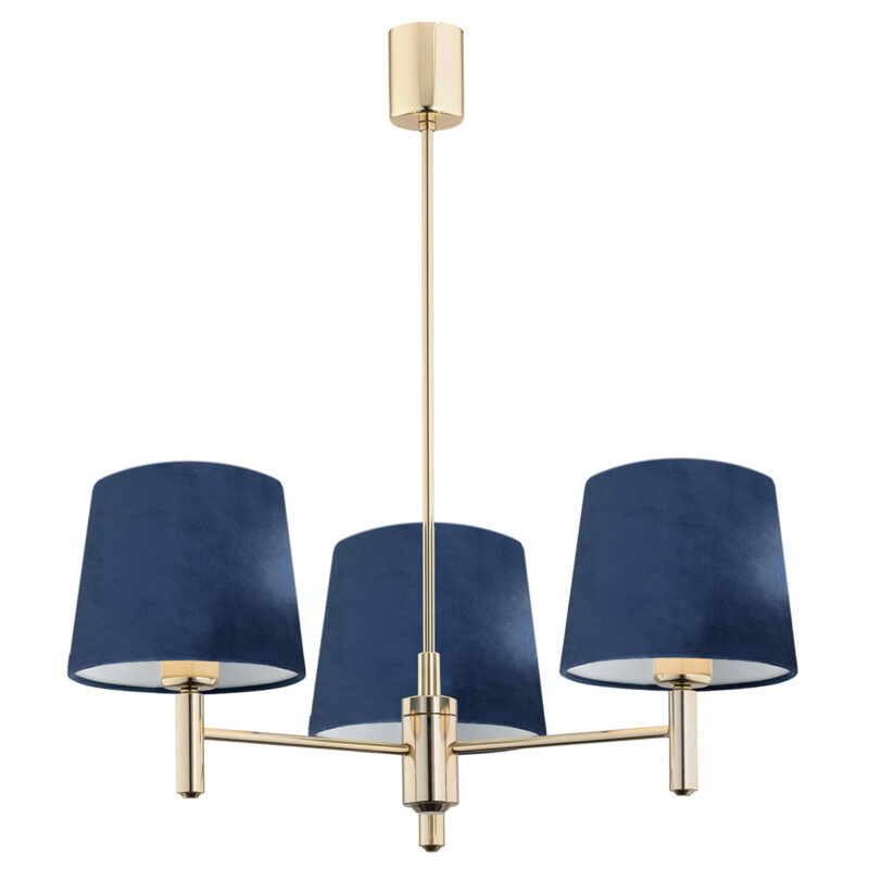 Three-arm brass chandelier with navy blue cone-shaped fabric shades in a triangular arrangement.