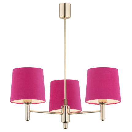 Three-arm dark brass chandelier with pink cone-shaped shades arranged in a triangular pattern.