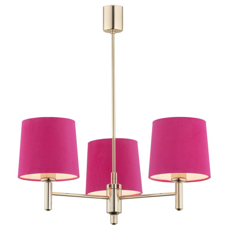 Three-arm dark brass chandelier with pink cone-shaped shades arranged in a triangular pattern.