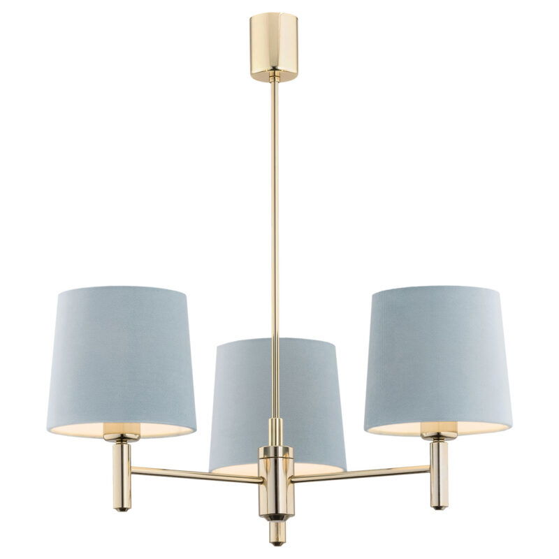 3 arm brass chandelier with sky blue shades.