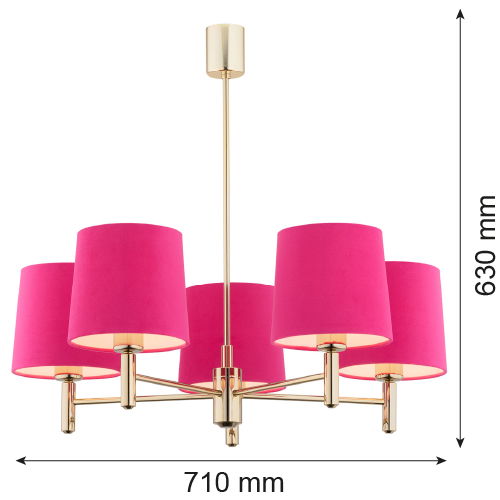Five-arm dark brass chandelier with pink shades shown with 710mm width and height measurements.