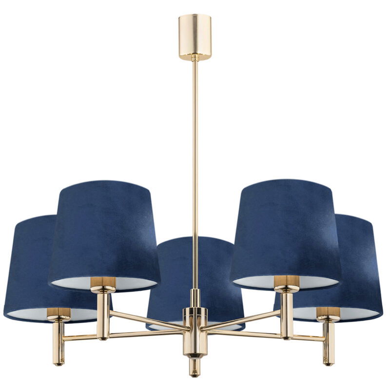 Five-arm brass chandelier with navy blue cone-shaped shades arranged in a circular formation.