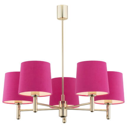 Five-arm dark brass chandelier with pink drum-shaped shades arranged in a circular pattern.