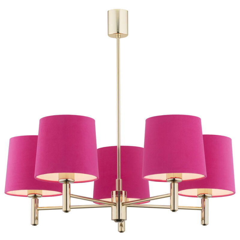 Five-arm dark brass chandelier with pink drum-shaped shades arranged in a circular pattern.
