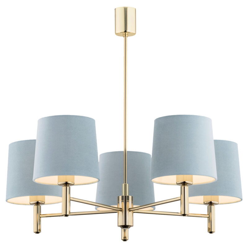 Five-arm brass chandelier with light blue cone-shaped shades arranged in a circular pattern.