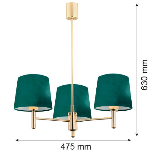 3 green shades on a brass chandelier with dimensions in MM listed next to each part.