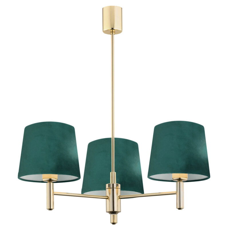 3 arm dark brass chandelier with green shades on a white background.