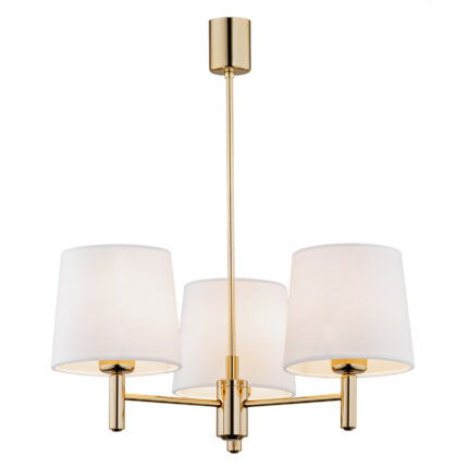Three arm brass chandelier with cream shades lit.