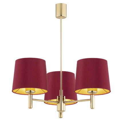 3 arm chandelier with red shades on a white background.