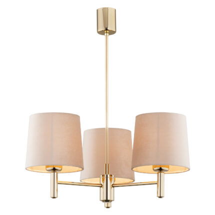 Three light brass chandelier with beige shades shown in a white background.
