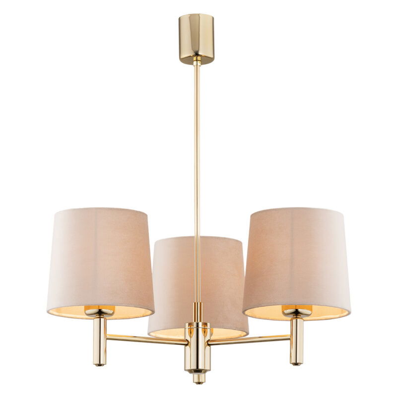 Three light brass chandelier with beige shades shown in a white background.