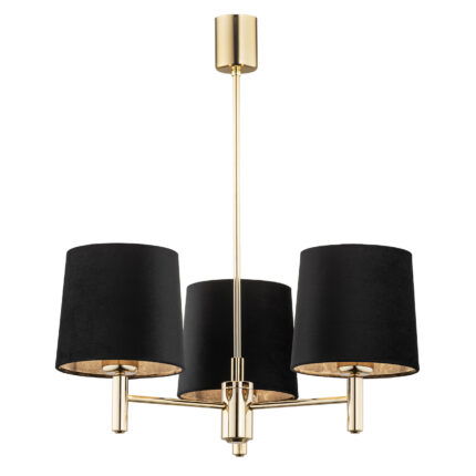3 light brass chandelier with black shades on a white background.