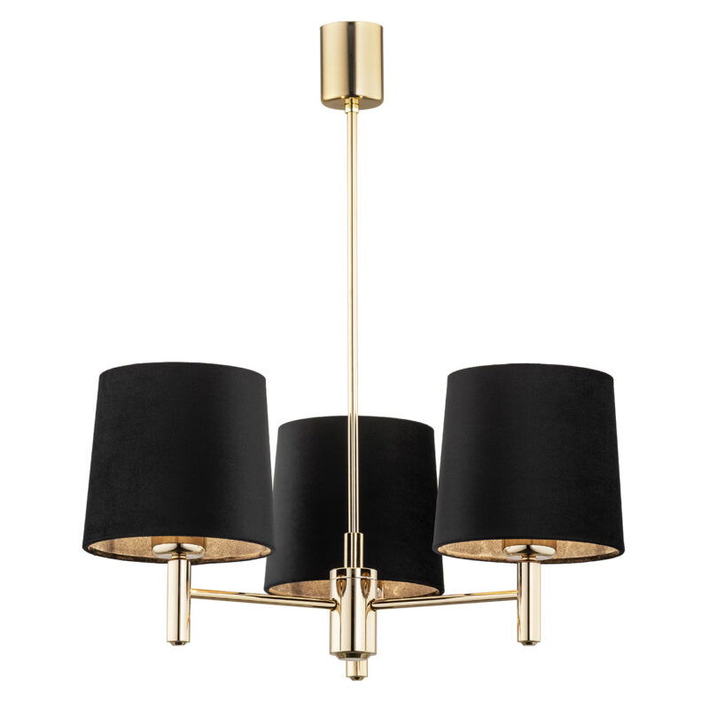 3 light brass chandelier with black shades on a white background.