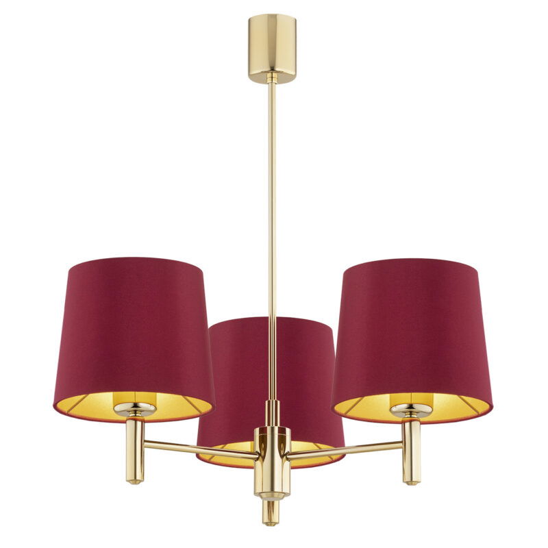 3 arm chandelier with red shades on a white background.