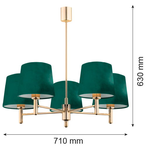 Green shades on a five arm chandelier shown with dimensions listed on the image.