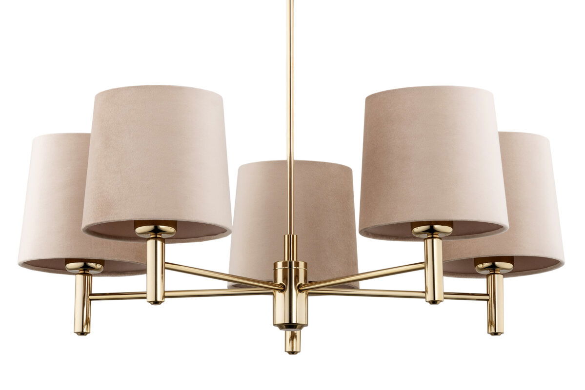 View of a dark brass central support stem from a five light chandelier.