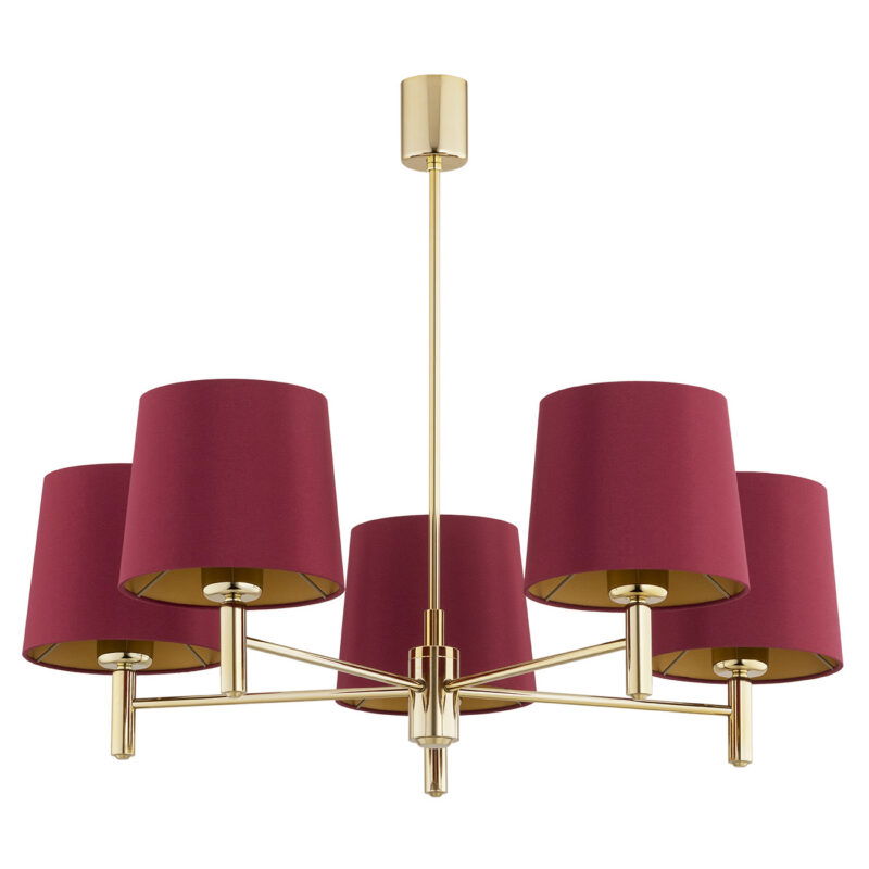 5 arm chandelier with red lampshades switched off.