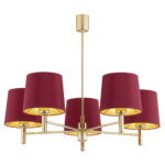 Ponta 5 Light Chandelier, Brass, Red Lampshades, 71cm