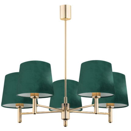 Five arm brass chandelier with green shades on a white background.
