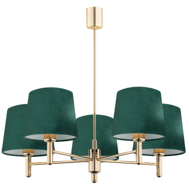 Five arm brass chandelier with green shades on a white background.