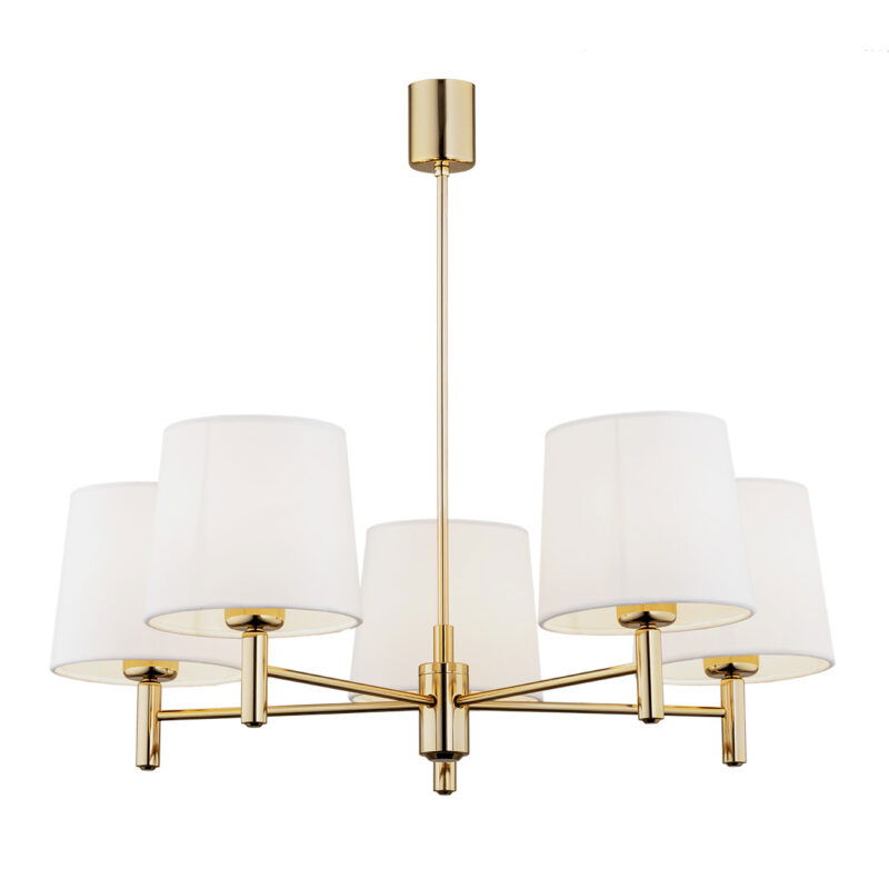 Brass five light chandelier with cream shades full view.