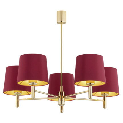 5 arm chandelier with red shades on a white background.