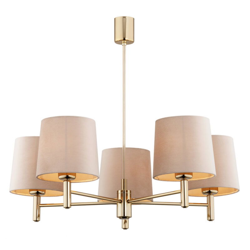 Dark brass five light chandelier with beige shades on a white background.